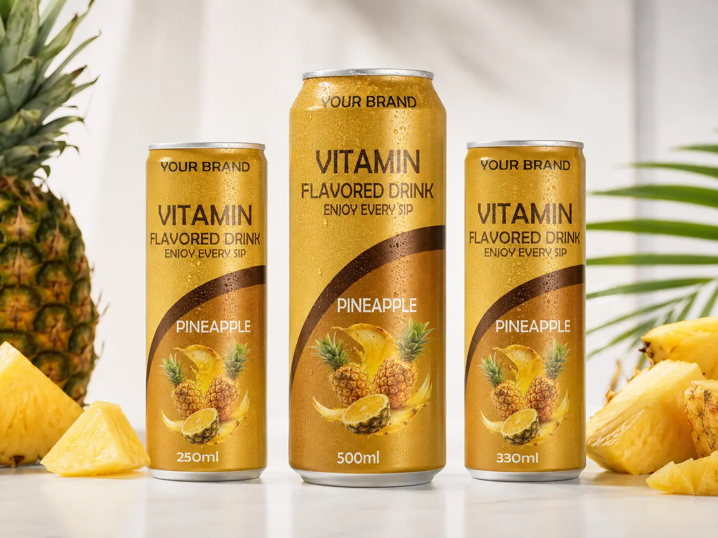 VITAMIN FLAVORED DRINK Pineapple flavour in 250ml, 500ml, and 330ml cans.